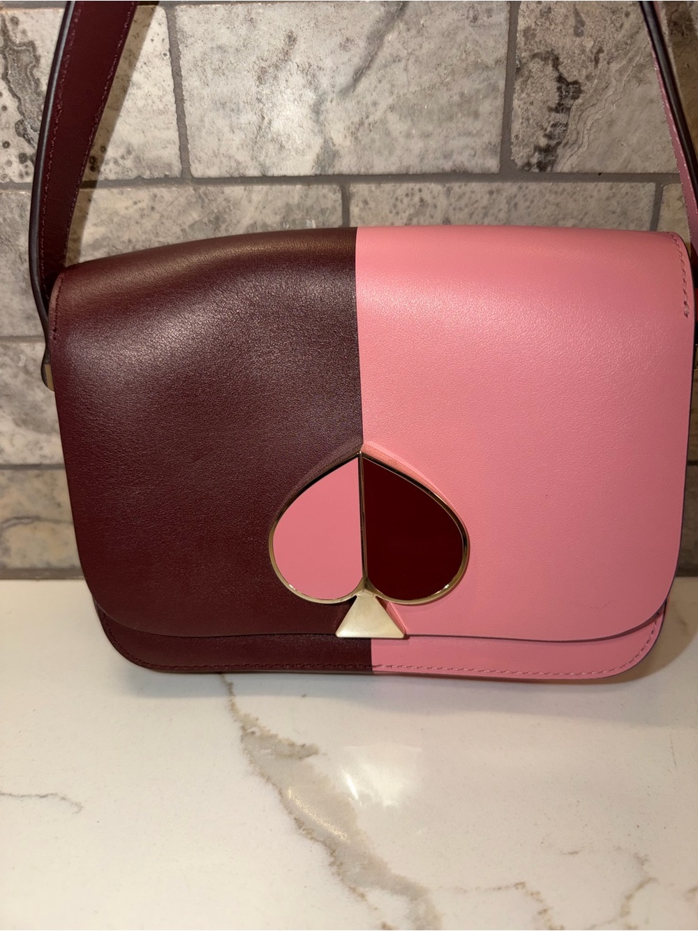 Kate Spade  Nicola Colorblock Pink and Burgundy Leather Spade Crossbody